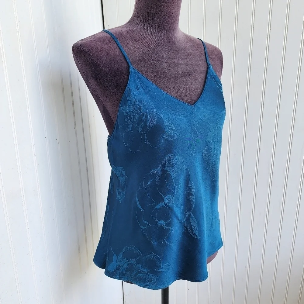 Victoria's Secret Split Back Floral Damask Teal Camisole Rayon Satin Sexy Sz M